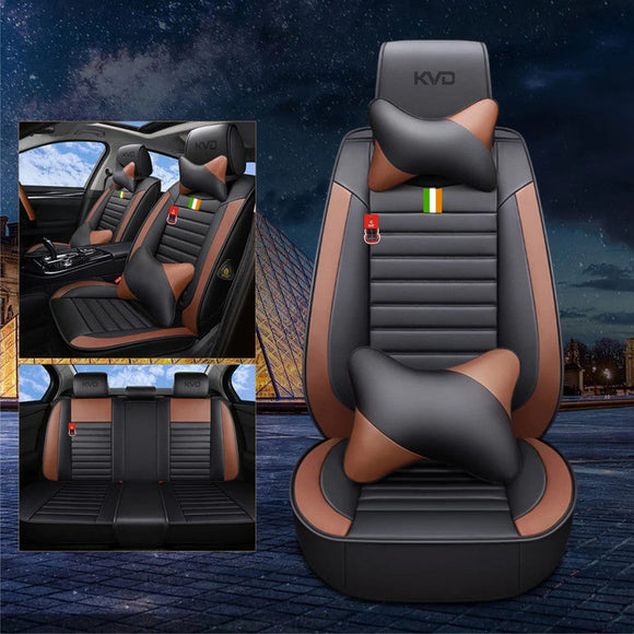 KVD Superior Leather Luxury Car Seat Cover for Mahindra Scorpio N Black + Tan Free Pillows And Neckrest Set (With 5 Year Onsite Warranty) - D101/149