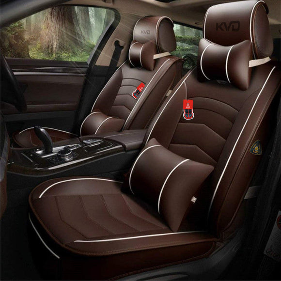 KVD Superior Leather Luxury Car Seat Cover for Toyota Innova Hycross Coffee + White Free Pillows And Neckrest (With 5 Year Warranty)- DZ104/151