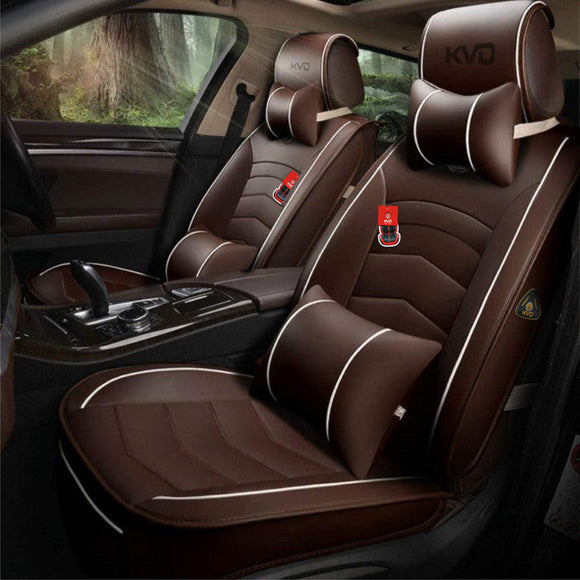 KVD Superior Leather Luxury Car Seat Cover For Tata Curvv Coffee + White Free Pillows And Neckrest Set (With 5 Year Onsite Warranty) - DZ104/77