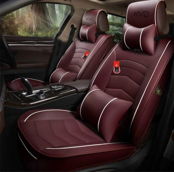 KVD Superior Leather Luxury Car Seat Cover for Skoda Kylac Wine Red + White Free Pillows And Neckrest Set (With 5 Year Onsite Warranty) - DZ106/143