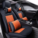 KVD Superior Leather Luxury Car Seat Cover For Kia Syros Black + Orange Free Pillows And Neckrest Set (With 5 Year Onsite Warranty) - D108/158