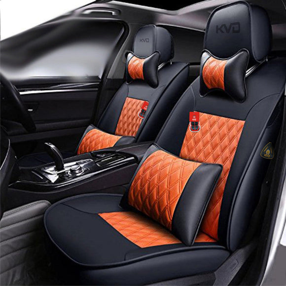 KVD Superior Leather Luxury Car Seat Cover For Maruti Suzuki Victoris Black + Orange Free Pillows And Neckrest Set (With 5 Year Onsite Warranty) - D108/157