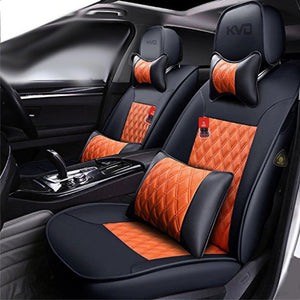 KVD Superior Leather Luxury Car Seat Cover for Kia Carens Black + Orange Free Pillows And Neckrest (With 5 Year Onsite Warranty) - D108/142