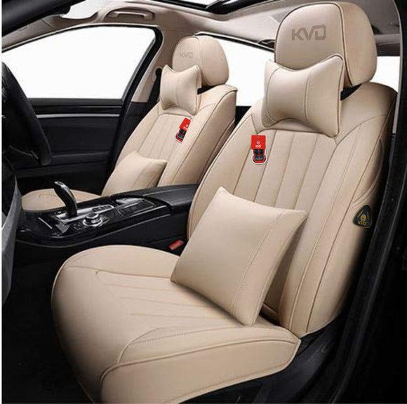KVD Superior Leather Luxury Car Seat Cover for Hyundai Exter Full Beige Free Pillows And Neckrest Set (With 5 Year Onsite Warranty) - DZ109/98