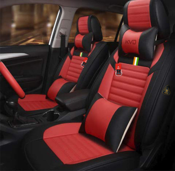 KVD Superior Leather Luxury Car Seat Cover for Kia Carens Black + Red Free Pillows And Neckrest Set (With 5 Year Onsite Warranty) - D112/142
