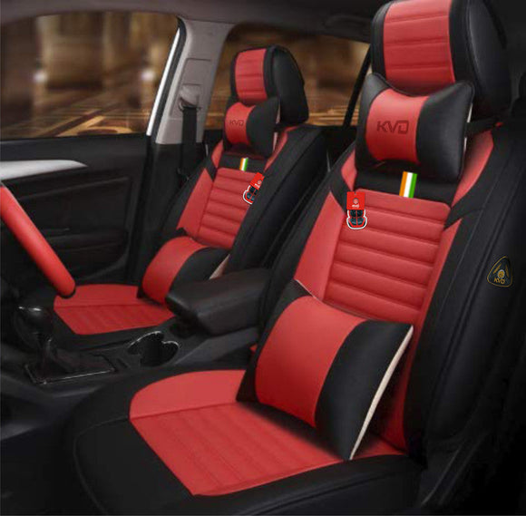 KVD Superior Leather Luxury Car Seat Cover For Tata Curvv Black + Red Free Pillows And Neckrest Set (With 5 Year Onsite Warranty) - D112/77