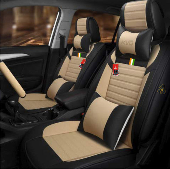 KVD Superior Leather Luxury Car Seat Cover for Skoda Kylac Black + Beige Free Pillows And Neckrest Set (With 5 Year Onsite Warranty) - D113/143