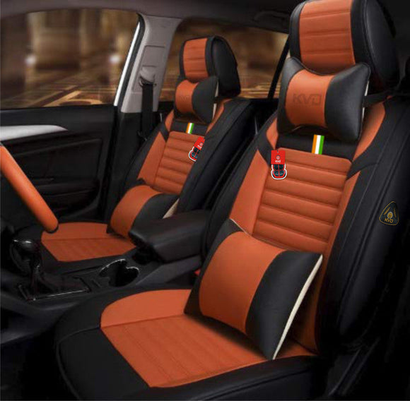 KVD Superior Leather Luxury Car Seat Cover For Maruti Suzuki Victoris Black + Orange Free Pillows And Neckrest Set (With 5 Year Onsite Warranty) - D114/157