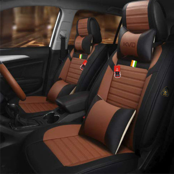 KVD Superior Leather Luxury Car Seat Cover for Kia Carens Black + Tan Free Pillows And Neckrest Set (With 5 Year Onsite Warranty) - D115/142