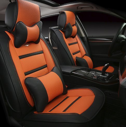 KVD Superior Leather Luxury Car Seat Cover for Toyota Innova Hycross Black + Orange Free Pillows And Neckrest (With 5 Year Warranty) - D116/151
