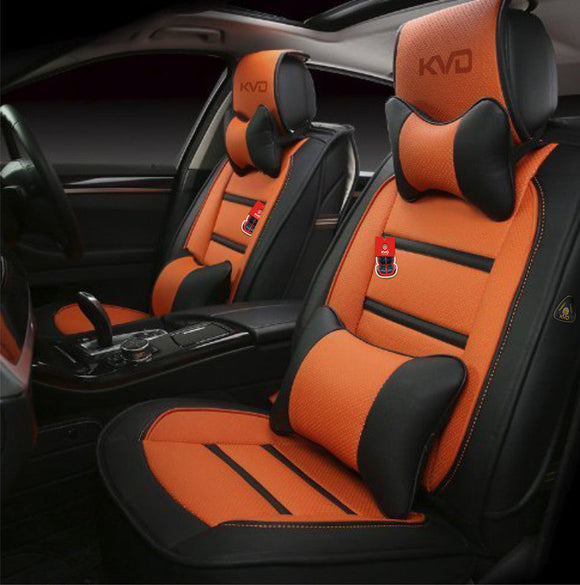 KVD Superior Leather Luxury Car Seat Cover for Kia Carens Black + Orange Free Pillows And Neckrest (With 5 Year Onsite Warranty) - D116/142