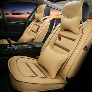 KVD Superior Leather Luxury Car Seat Cover for Volkswagen T-Roc Beige + Coffee Free Pillows And Neckrest Set (With 5 Year Onsite Warranty) - D118/135