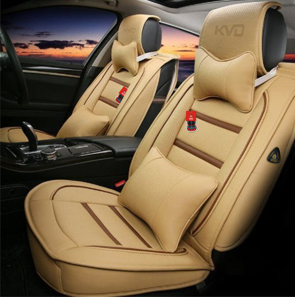 KVD Superior Leather Luxury Car Seat Cover for Kia Carens Beige + Coffee Free Pillows And Neckrest (With 5 Year Onsite Warranty) - D118/142