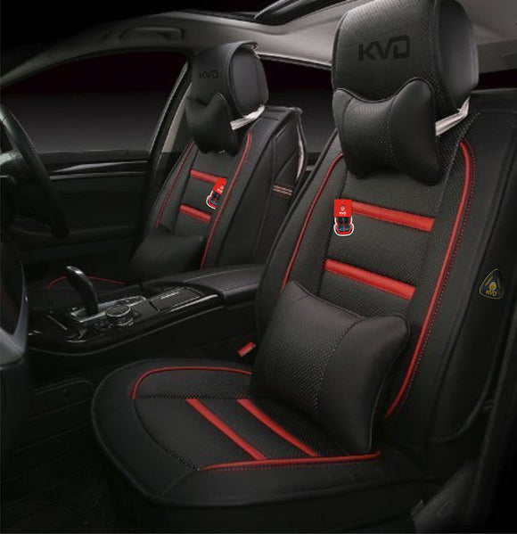 KVD Superior Leather Luxury Car Seat Cover For Tata Curvv Black + Red Free Pillows And Neckrest Set (With 5 Year Onsite Warranty) - D119/77