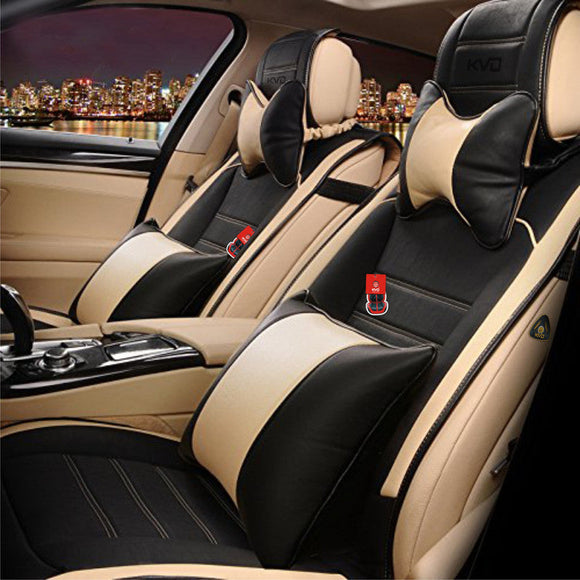 KVD Superior Leather Luxury Car Seat Cover For Tata Curvv Black + Beige Free Pillows And Neckrest Set (With 5 Year Onsite Warranty) - D120/77