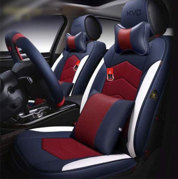 KVD Superior Leather Luxury Car Seat Cover for Skoda Kylac Blue + Red White Free Pillows And Neckrest Set (With 5 Year Onsite Warranty) - D123/143