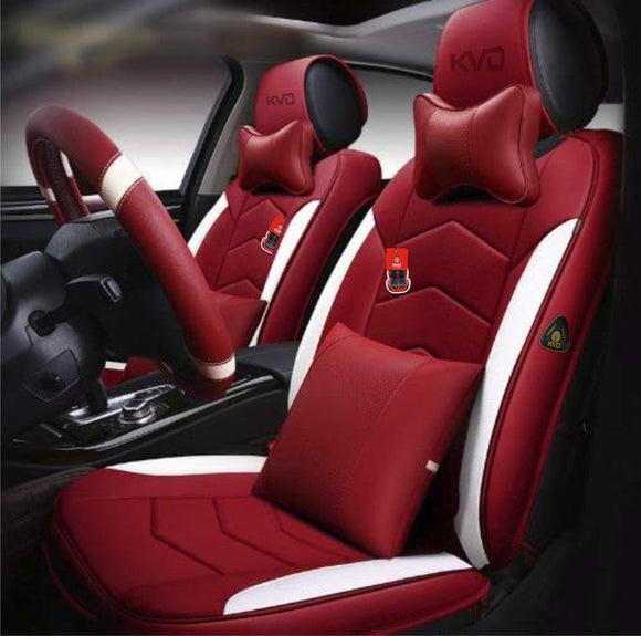 KVD Superior Leather Luxury Car Seat Cover for Kia Carens Red + White Free Pillows And Neckrest Set (With 5 Year Onsite Warranty) - D124/142