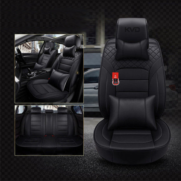 KVD Superior Leather Luxury Car Seat Cover for Kia Carens Full Black Free Pillows And Neckrest Set (With 5 Year Onsite Warranty) - DZ127/142