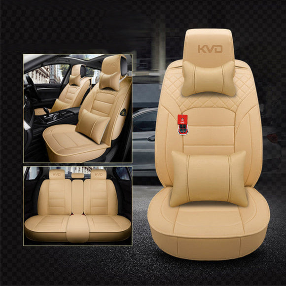 KVD Superior Leather Luxury Car Seat Cover for Kia Carens Full Beige Free Pillows And Neckrest Set (With 5 Year Onsite Warranty) - DZ129/142