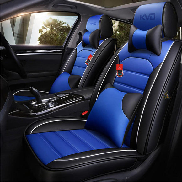 KVD Superior Leather Luxury Car Seat Cover for Toyota Rumion Black + Blue Free Pillows And Neckrest Set (With 5 Year Onsite Warranty) - D134/103