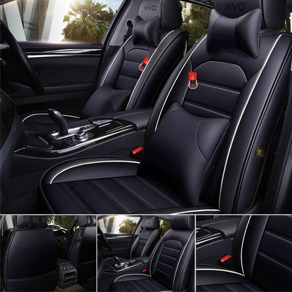 KVD Superior Leather Luxury Car Seat Cover for Kia Carens Black + Silver Free Pillows And Neckrest (With 5 Year Onsite Warranty) - DZ133/142