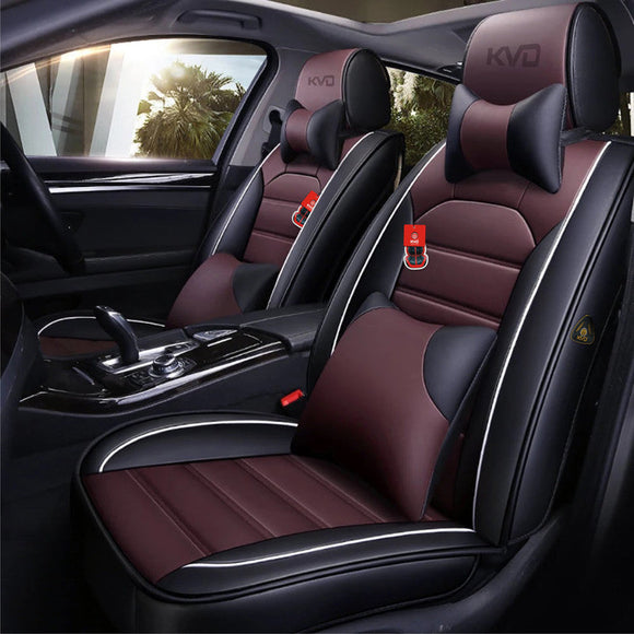 KVD Superior Leather Luxury Car Seat Cover for Kia Carens Black + Coffee Free Pillows And Neckrest (With 5 Year Onsite Warranty) - D137/142
