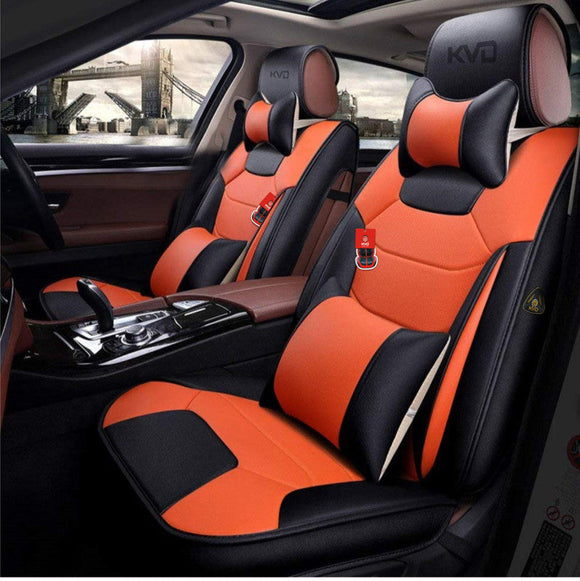 KVD Superior Leather Luxury Car Seat Cover for MG Astor Black + Orange Free Pillows And Neckrest Set (With 5 Year Onsite Warranty) - D139/145