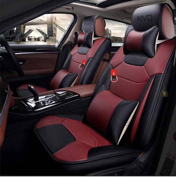 KVD Superior Leather Luxury Car Seat Cover for Skoda Kylac Black + Wine Red Free Pillows And Neckrest Set (With 5 Year Onsite Warranty) - D140/143