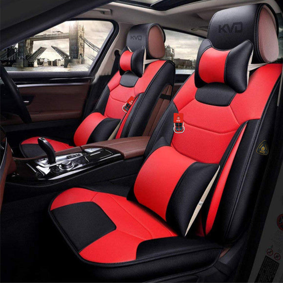 KVD Superior Leather Luxury Car Seat Cover for Kia Carens Black + Red Free Pillows And Neckrest Set (With 5 Year Onsite Warranty) - D141/142