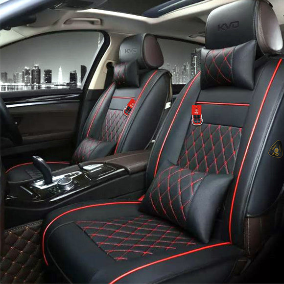 KVD Superior Leather Luxury Car Seat Cover FOR Mahindra Scorpio N BLACK + RED FREE PILLOWS AND NECK REST SET (WITH 5 YEARS WARRANTY) - DZ001/149