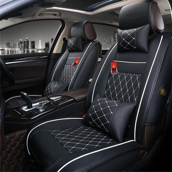 KVD Superior Leather Luxury Car Seat Cover FOR Kia Carens BLACK + SILVER FREE PILLOWS AND NECK REST SET (WITH 5 YEARS WARRANTY) - D002/142