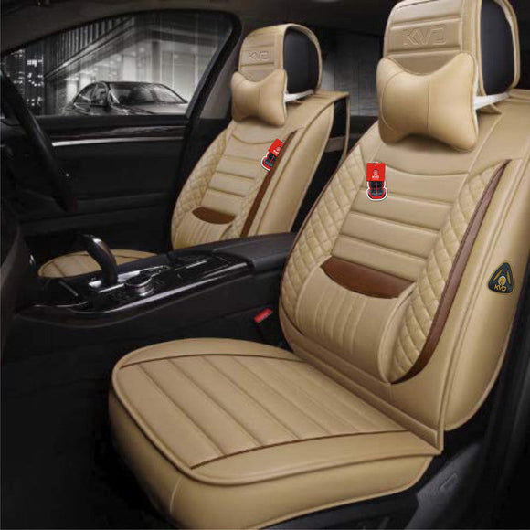 KVD Superior Leather Luxury Car Seat Cover for Skoda Slavia Beige + Coffee Free Neckrest Set (With 5 Year Onsite Warranty) (SP) - D043/135