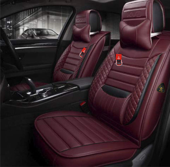 KVD Superior Leather Luxury Car Seat Cover for Volkswagen virtus Wine Red + Black Free Neckrest Set (With 5 Year Onsite Warranty) (SP) - D046/153