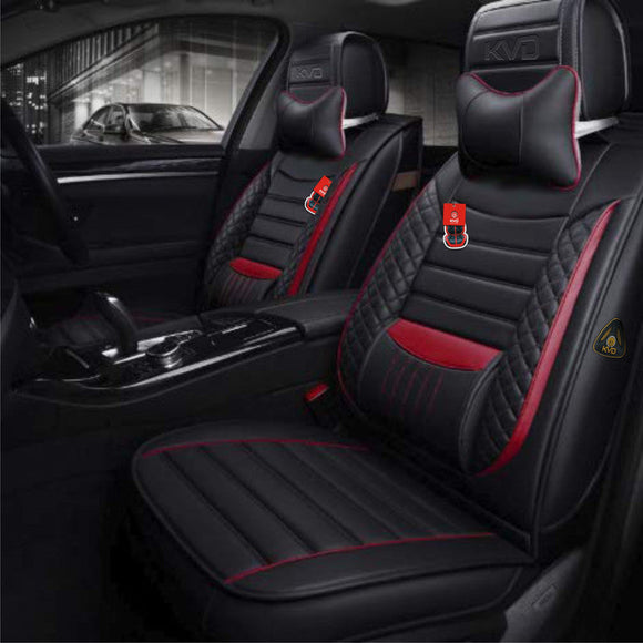 KVD Superior Leather Luxury Car Seat Cover for Skoda Kylac Black + Red Free Neckrest Set (With 5 Year Onsite Warranty) (SP) - D047/143