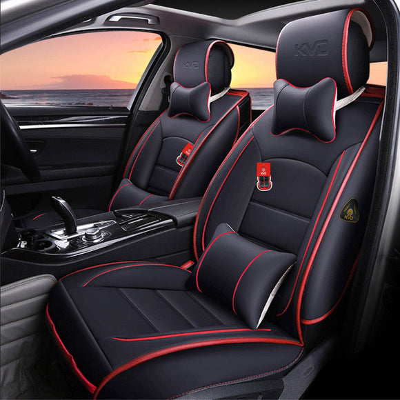 KVD Superior Leather Luxury Car Seat Cover for Kia Carens Black + Red Free Pillows And Neckrest Set (With 5 Year Onsite Warranty) - D049/142
