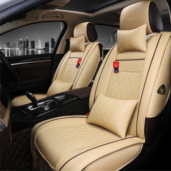 KVD Superior Leather Luxury Car Seat Cover FOR Mahindra Scorpio N BEIGE + COFFEE FREE PILLOWS AND NECK REST SET (WITH 5 YEARS WARRANTY) - D004/149