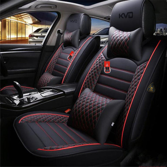 KVD Superior Leather Luxury Car Seat Cover for MG Astor Black + Red Free Pillows And Neckrest Set (With 5 Year Onsite Warranty) - D054/145