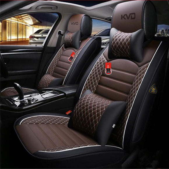 KVD Superior Leather Luxury Car Seat Cover for Kia Carens Coffee + Black Free Pillows And Neckrest (With 5 Year Onsite Warranty) - D055/142