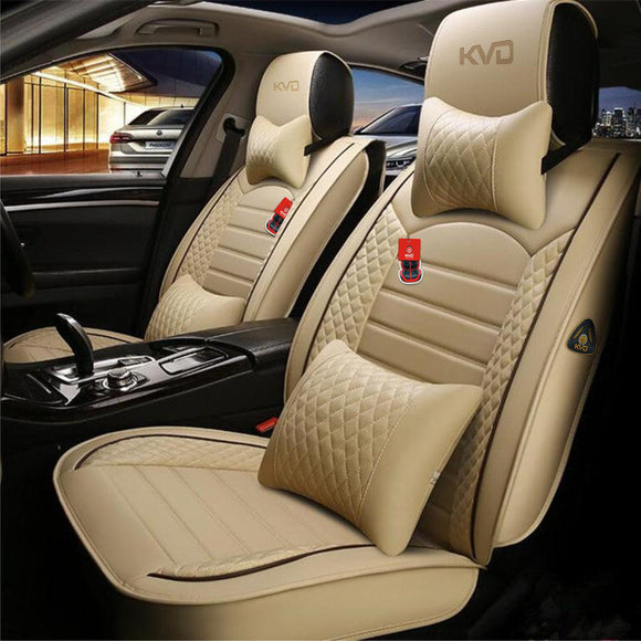 KVD Superior Leather Luxury Car Seat Cover for Kia Carens Beige + Black Free Pillows And Neckrest (With 5 Year Onsite Warranty) - D056/142