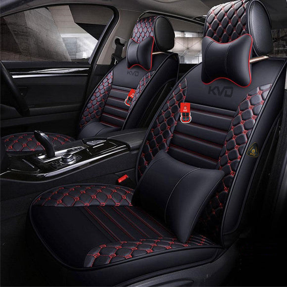 KVD Superior Leather Luxury Car Seat Cover For Kia Syros Black + Red Free Pillows And Neckrest Set (With 5 Year Onsite Warranty) - D057/158