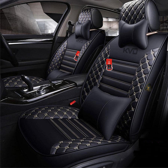 KVD Superior Leather Luxury Car Seat Cover for Toyota Innova Hycross Black + Silver Free Pillows And Neckrest (With 5 Year Warranty)- DZ058/151