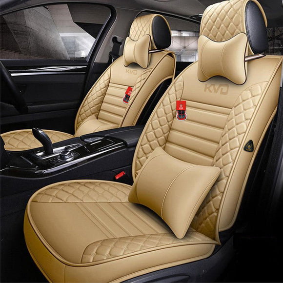 KVD Superior Leather Luxury Car Seat Cover for Kia Carens Full Beige Free Pillows And Neckrest Set (With 5 Year Onsite Warranty) - DZ060/142