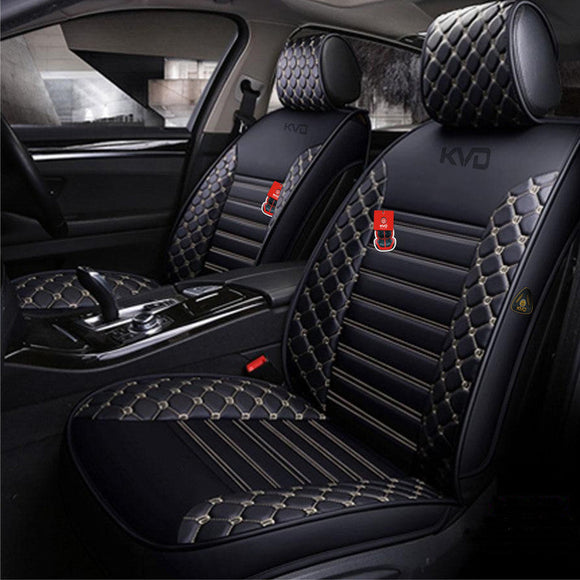 KVD Superior Leather Luxury Car Seat Cover for Kia Carens Black + Silver (With 5 Year Onsite Warranty) - DZ058/142