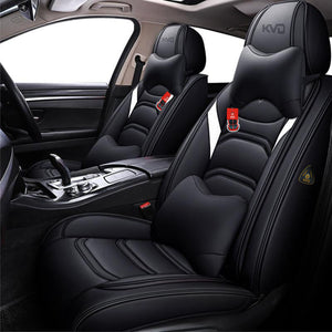 KVD Superior Leather Luxury Car Seat Cover for Volkswagen virtus Black + White Free Pillows And Neckrest Set (With 5 Year Onsite Warranty) - D066/153