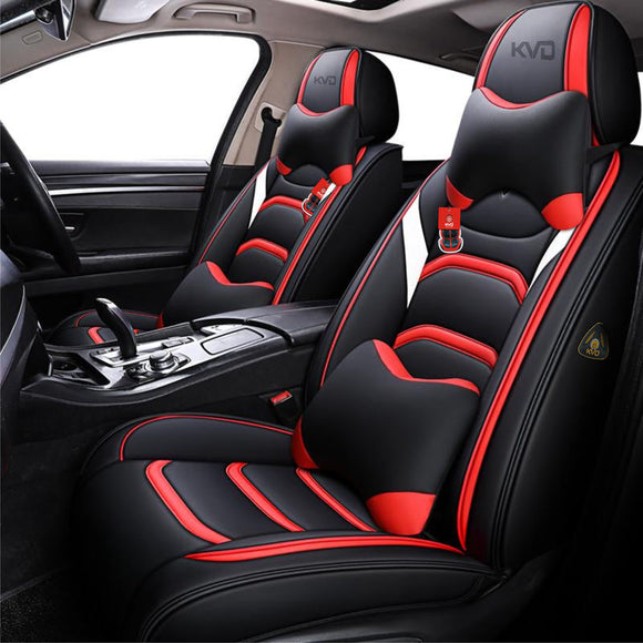 KVD Superior Leather Luxury Car Seat Cover For Maruti Suzuki Victoris Black + Red Free Pillows And Neckrest Set (With 5 Year Onsite Warranty) - D067/157