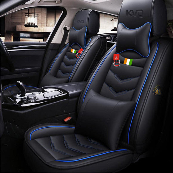 KVD Superior Leather Luxury Car Seat Cover for Kia Carens Black + Blue Free Pillows And Neckrest (With 5 Year Onsite Warranty) - DZ073/142