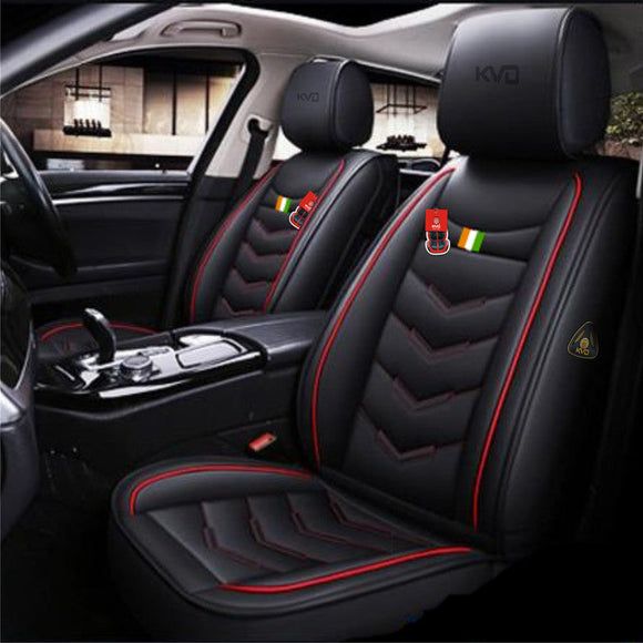 KVD Superior Leather Luxury Car Seat Cover for Kia Carens Black + Red (With 5 Year Onsite Warranty) - DZ075/142