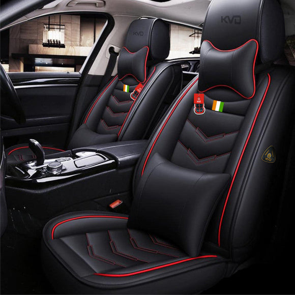 KVD Superior Leather Luxury Car Seat Cover for Kia Carens Black + Red Free Pillows And Neckrest Set (With 5 Year Onsite Warranty) - DZ075/142