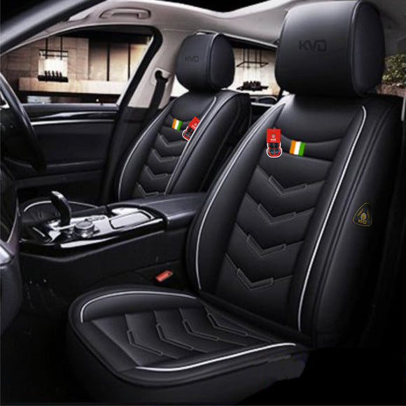 KVD Superior Leather Luxury Car Seat Cover for Kia Carens Black + Silver (With 5 Year Onsite Warranty) - DZ077/142