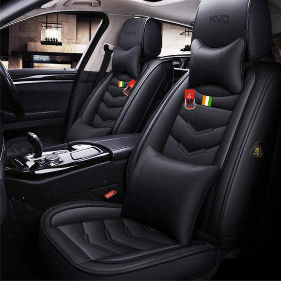 KVD Superior Leather Luxury Car Seat Cover for Skoda Kylac Full Black Free Pillows And Neckrest Set (With 5 Year Onsite Warranty) - DZ079/143